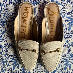 Sam Edelman Linnie Cream Canvas Horsebit Mules with Gold Hardware